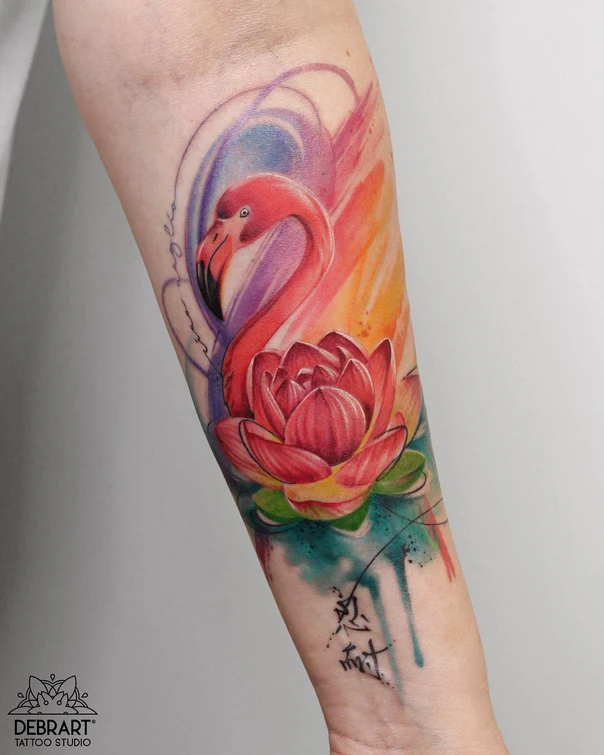 Watercolor Flamingo, Lotus tattoo on Forearm