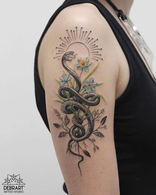 Illustrative Snake, Flowers tattoo on Upper Arm