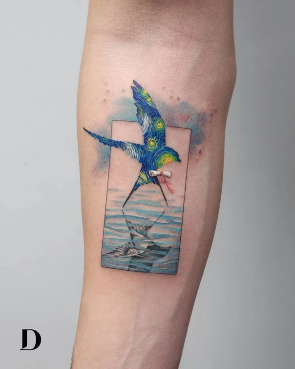 Illustrative Bird, Reflection tattoo on Forearm