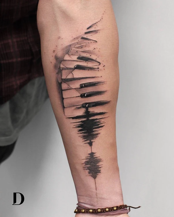 Sketch Piano keys, Soundwave tattoo on Forearm