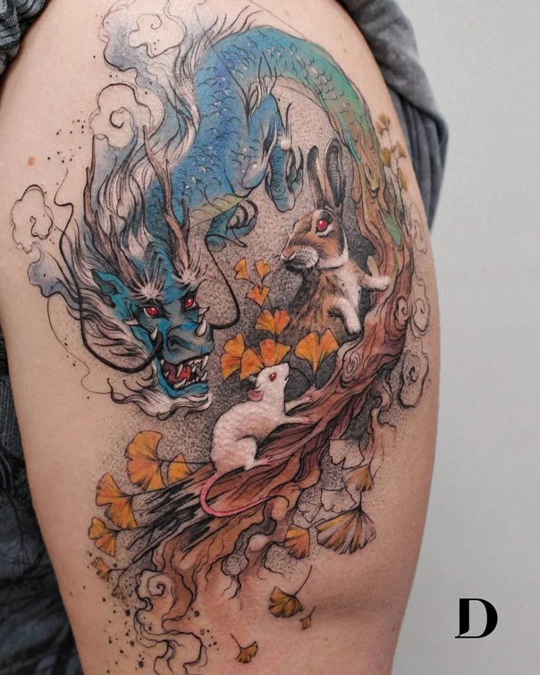 Japanese Dragon, Rabbit tattoo on Shoulder