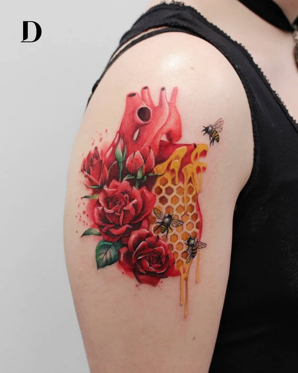 Illustrative Heart, Roses tattoo on Shoulder