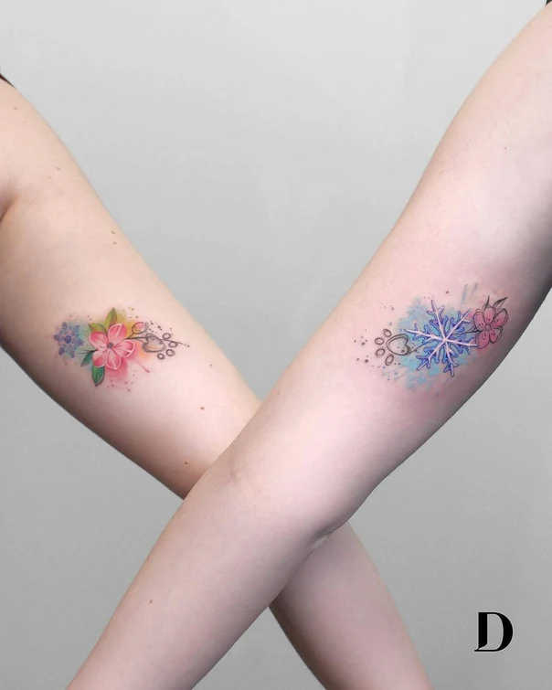 Watercolor Flower, Snowflake tattoo on Forearm
