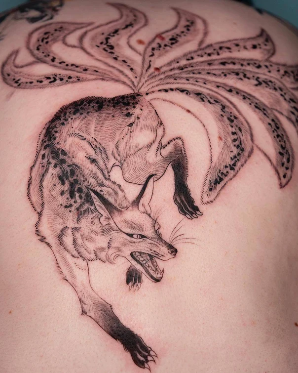 Japanese Fox, Nine tails tattoo on Upper Back