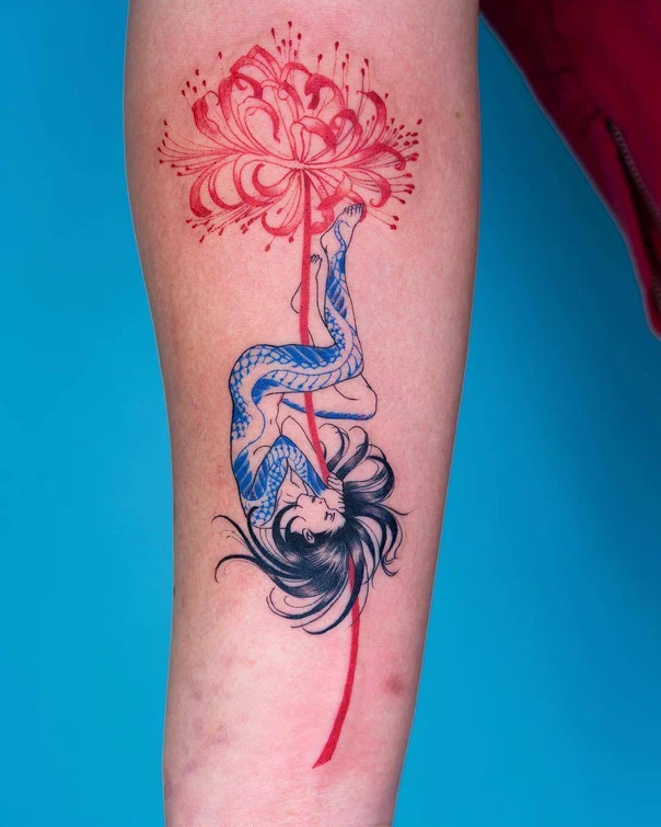 Illustrative Flower, Woman tattoo on Thigh