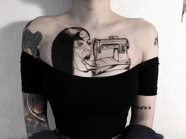 Illustrative Portrait, Machine tattoo on Chest
