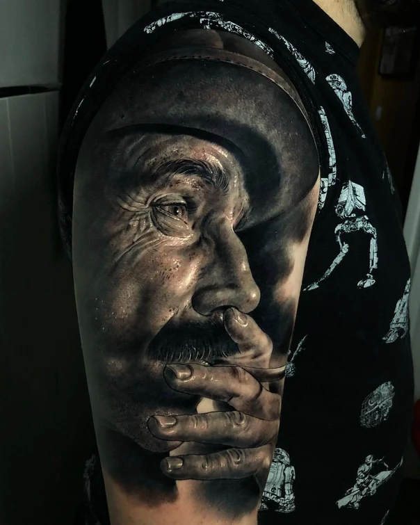 Realism Portrait, Face tattoo on Upper Arm