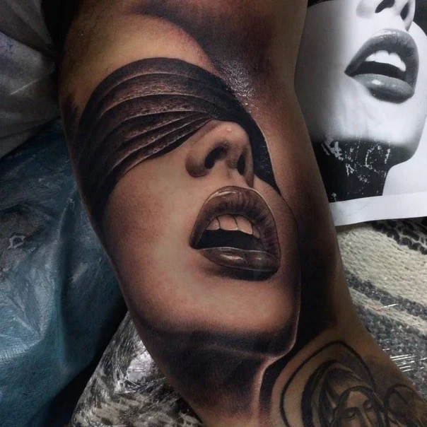 Realism Face, Lips tattoo on Upper Arm