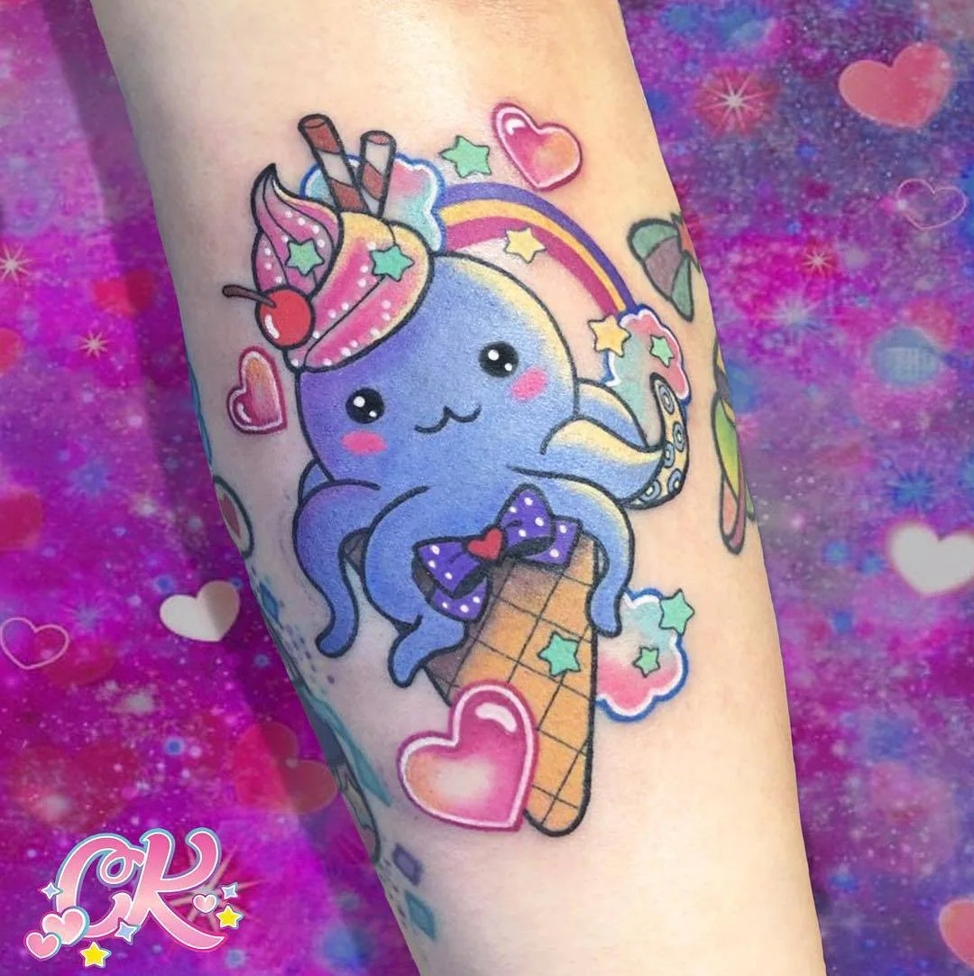 Artista tatuatore Carly Kawaii Kroll, tatuaggio colorato kawaii, stile new school | Melbourne, Australia