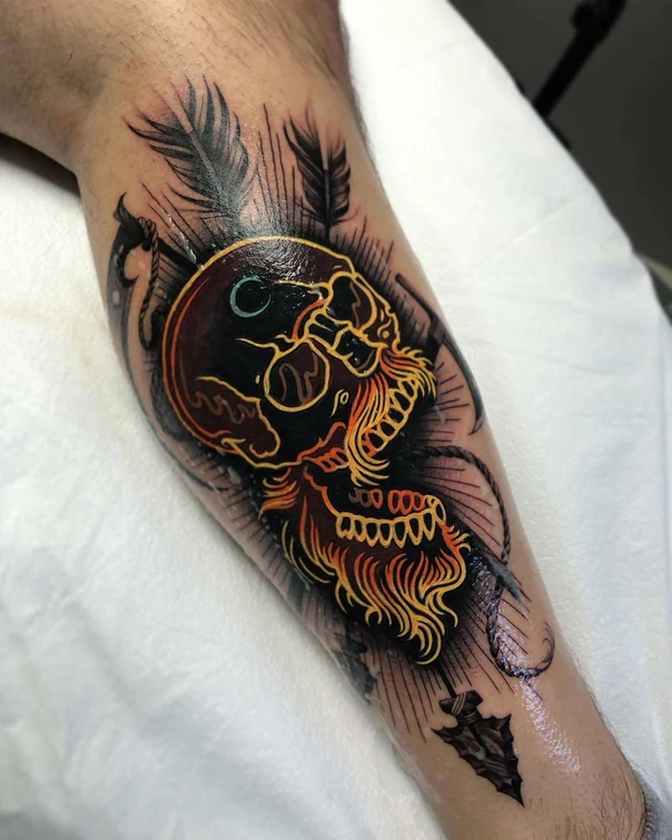 Neo Traditional Skull, Feathers tattoo on Calf