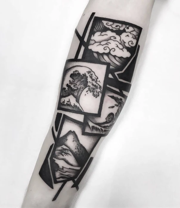Блэкворк Wave, Mountain tattoo на Предплечье
