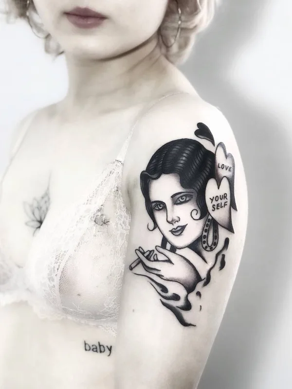 female black and grey neo traditional татуировка на upper arm #28032 | Тату мастер Лев Андрихов