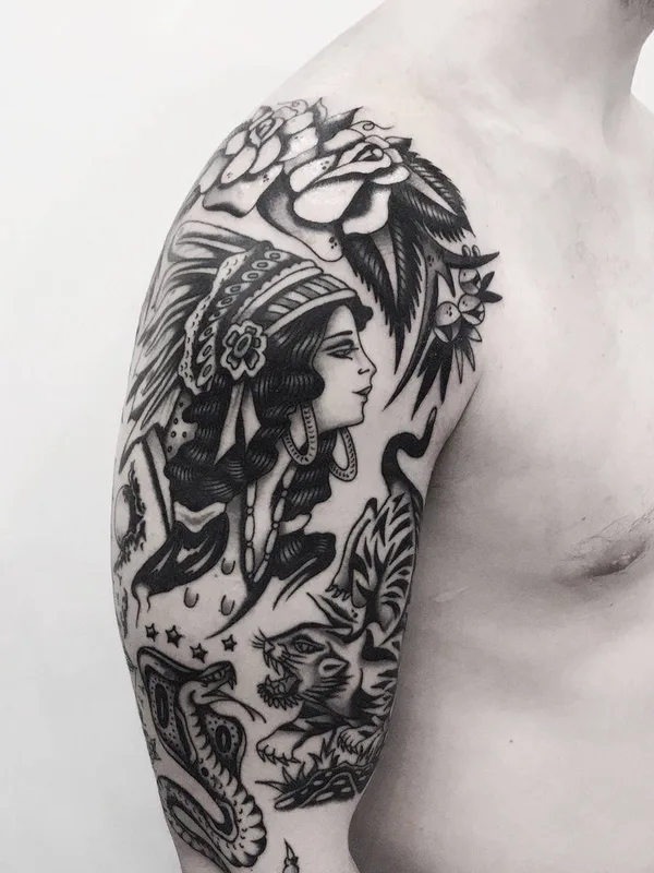 male black and grey traditional татуировка на upper arm #28027 | Тату мастер Лев Андрихов