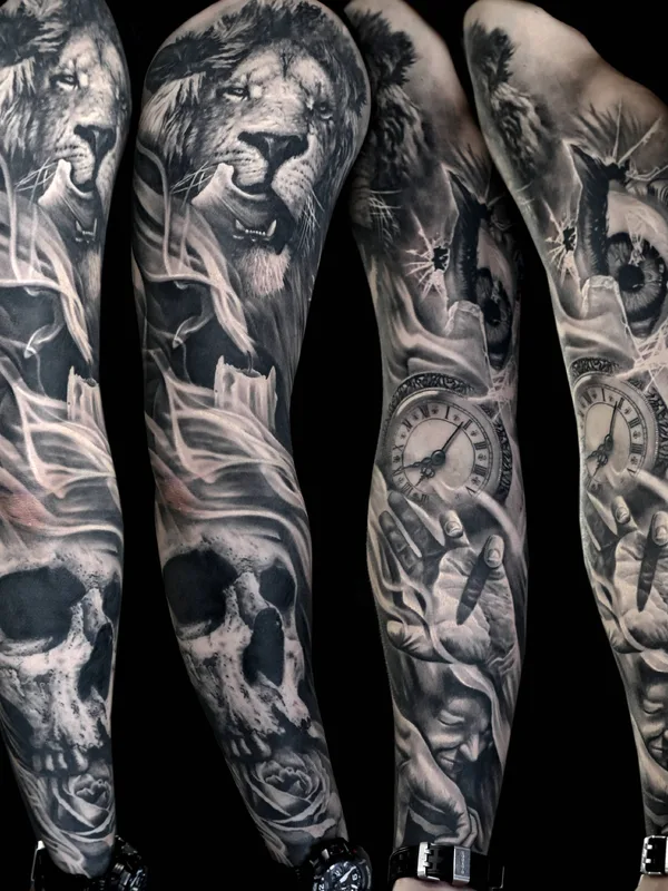 black and grey realism 타투 부위 full sleeve #28054 | 타투이스트 Олег Шепеленко