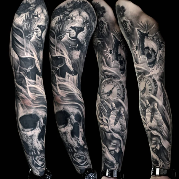 Реализм Lion, Skull tattoo на Полный рукав