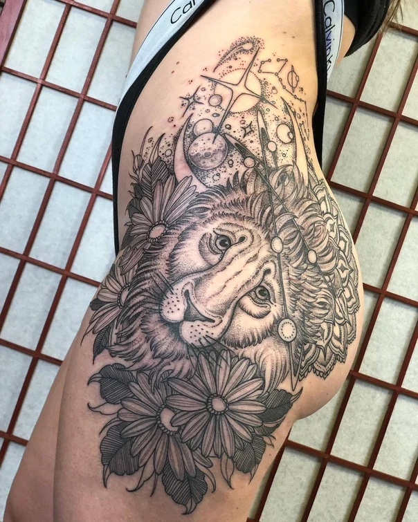 Blackwork Lion, Flowers tattoo on Thigh