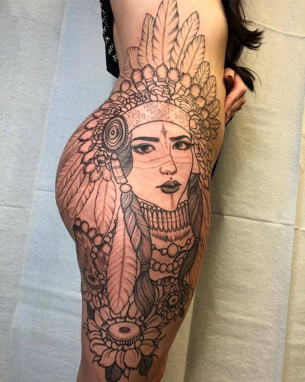 Blackwork Native american, Feathers tattoo on Thigh