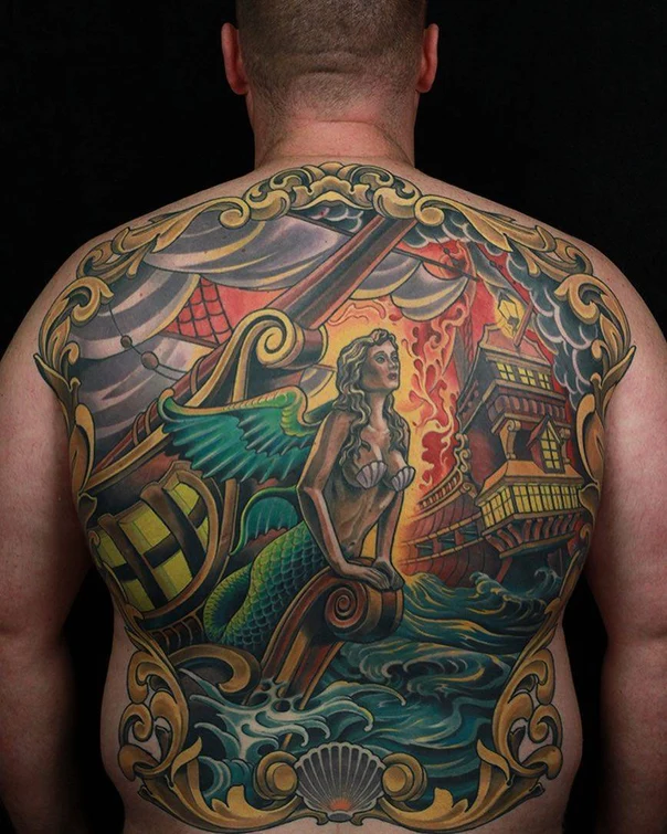 Neo Traditional Mermaid, Ship tattoo on Full Back