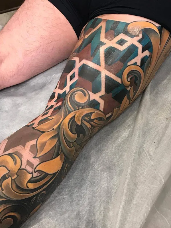 color ornamental tattoo on thigh #28251 | Tattoo Artist Russ Abbott