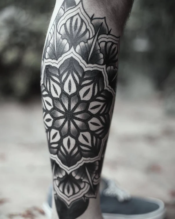 Ornamental Mandala, Floral tattoo on Calf