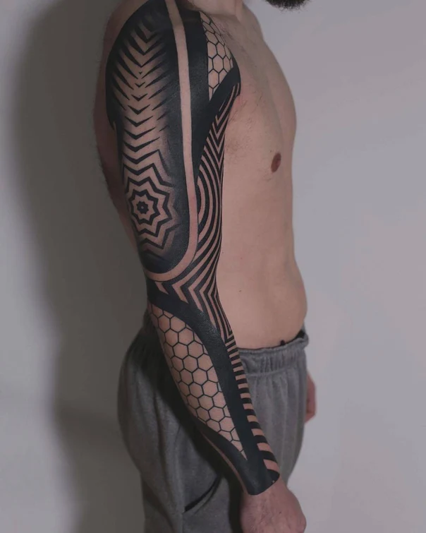 Blackwork Geometric, Honeycomb tattoo on Full Sleeve