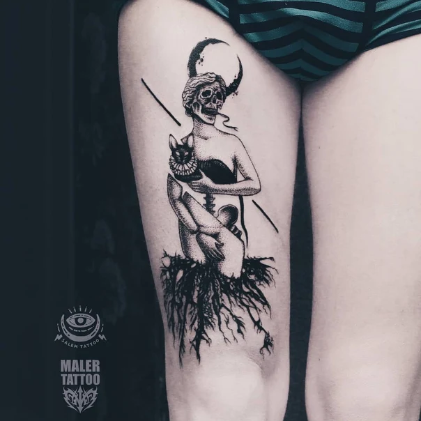 Блэкворк Skeleton, Cat tattoo на Thigh