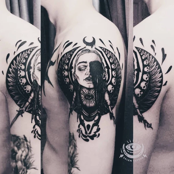 Блэкворк Face, Wings tattoo на Дельта