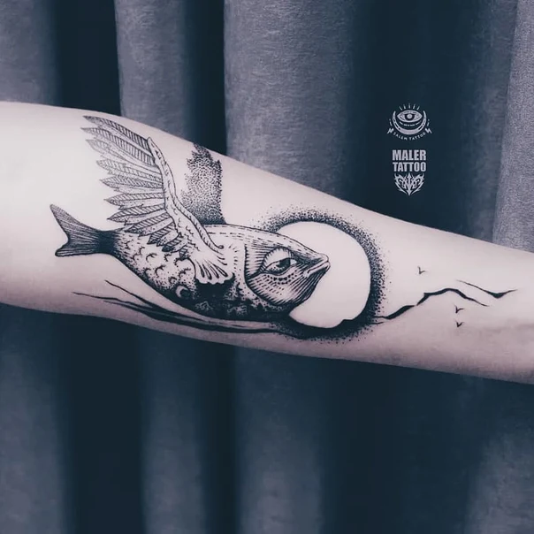 Скетч / Набросочная Fish, Wings tattoo на Предплечье
