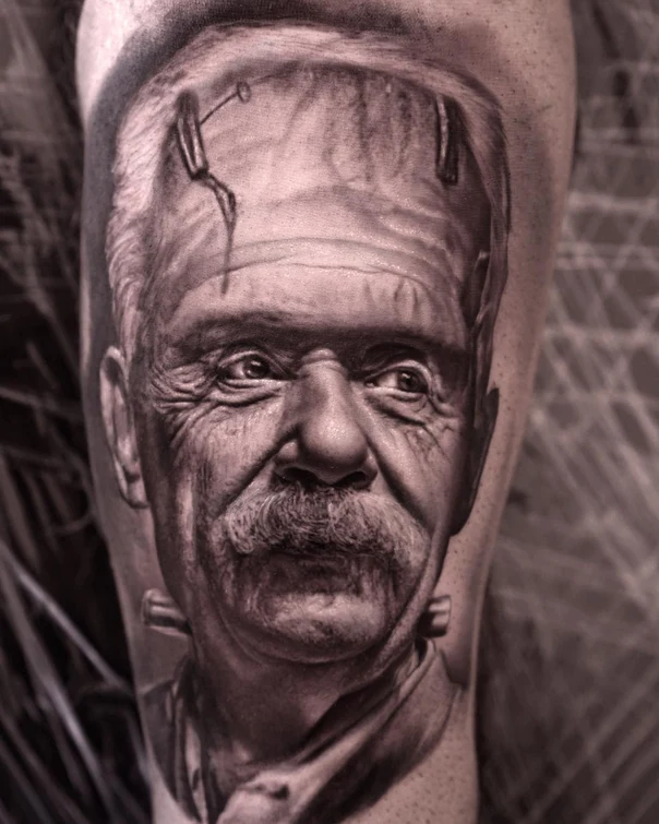 Realism Portrait, Frankenstein tattoo on Upper Arm