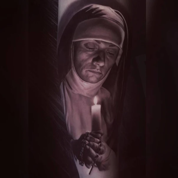 Realism Nun, Candle tattoo on Full Sleeve