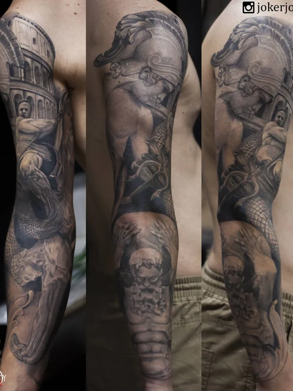male black and grey realism Tatuagem em full sleeve #28570 | Tatuador Evgen Jocker