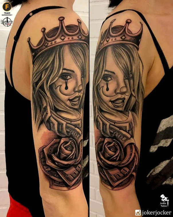 Чёрно-серая Woman, Crown tattoo на Полный рукав