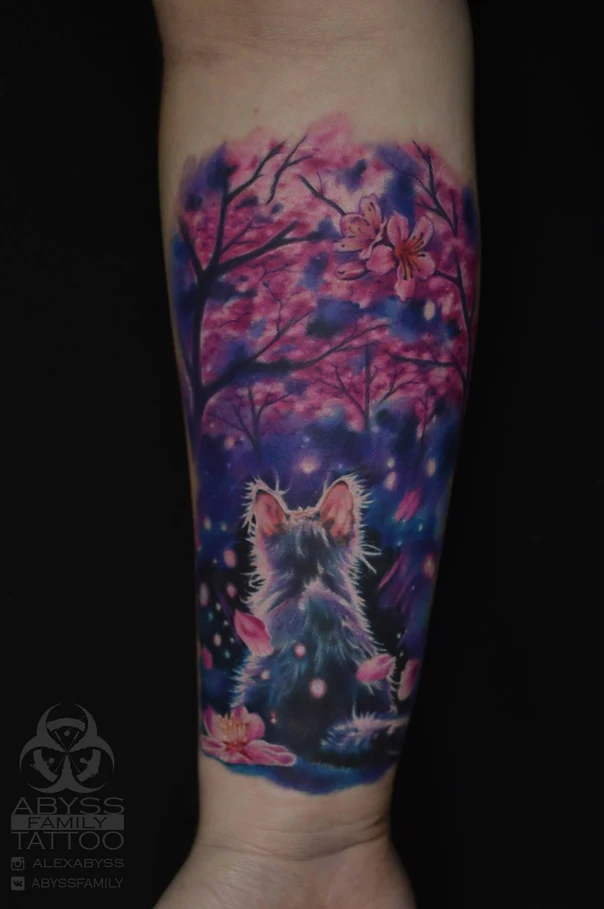 Акварель Cat, Cherry blossoms tattoo на Предплечье