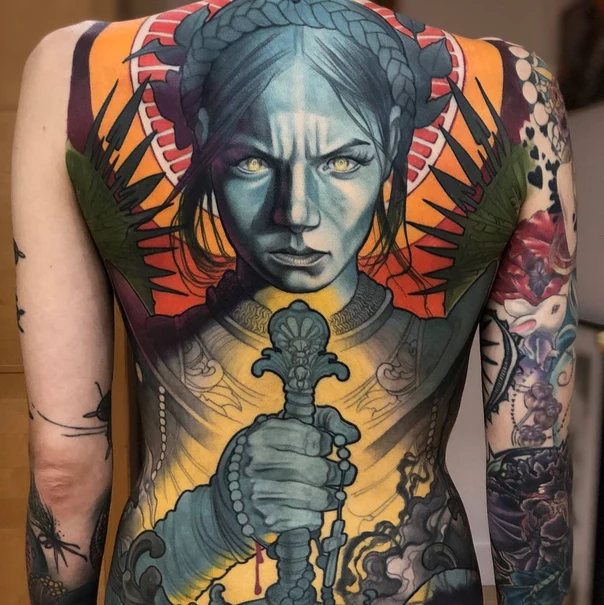 Realism Portrait, Sword tattoo on Full Back