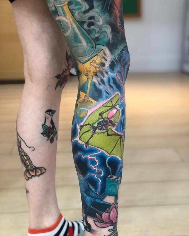 Illustrative Bat, Lightning tattoo on Full leg