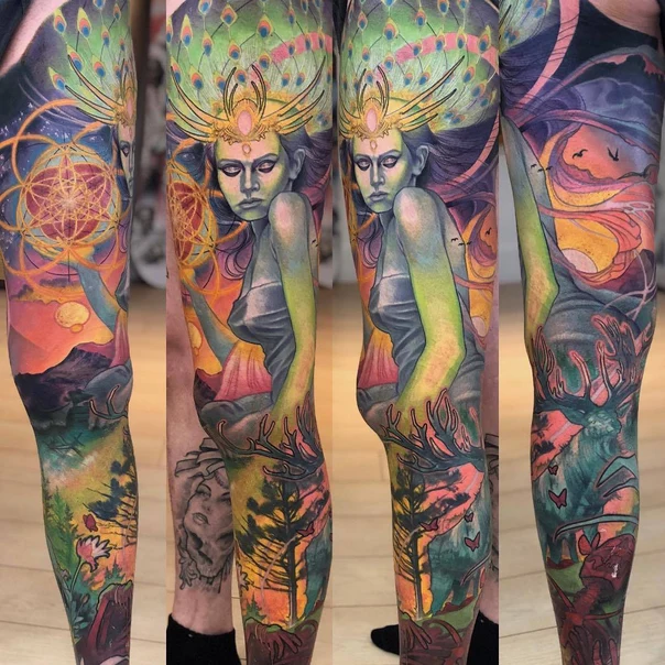 Illustrative Woman, Deer tattoo on Full leg