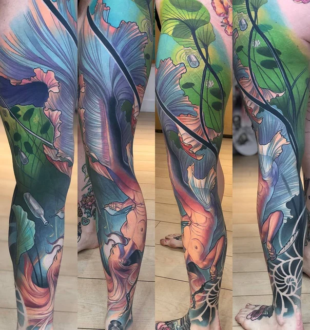 Illustrative Mermaid, Water tattoo on Full leg