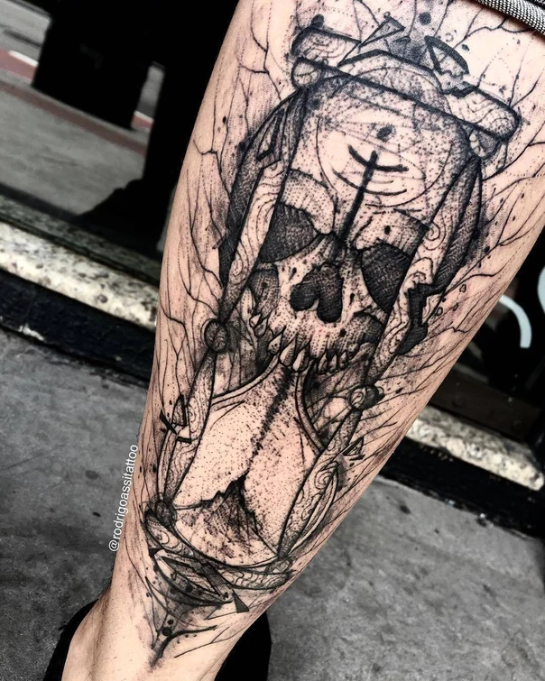 Blackwork Skull, Hourglass tattoo on Calf