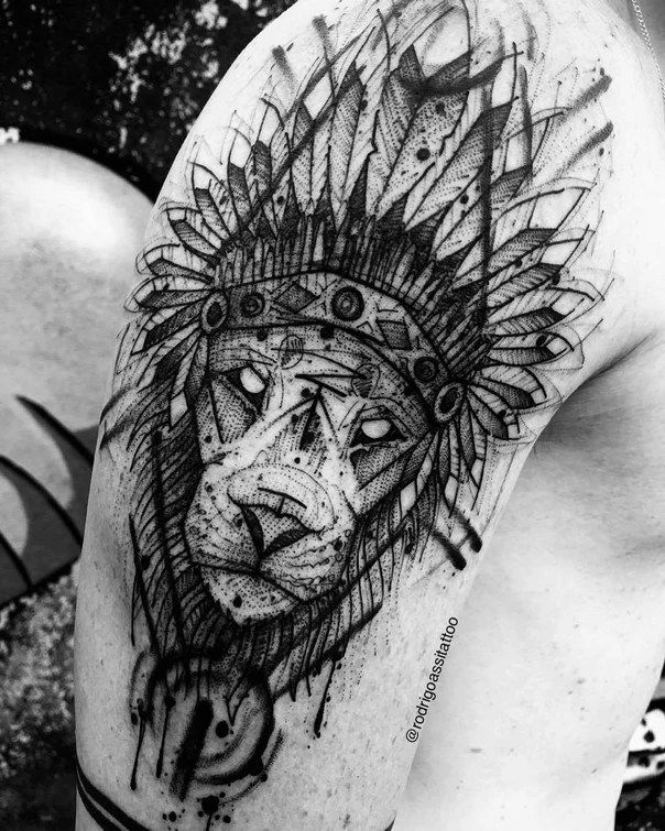 Sketch Lion, Native american headdress tattoo on Shoulder