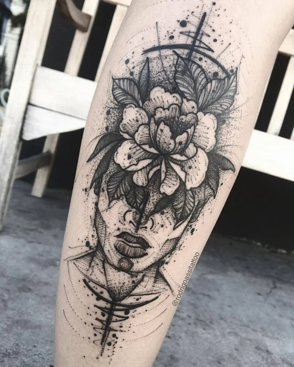 Blackwork Flower, Portrait tattoo on Forearm