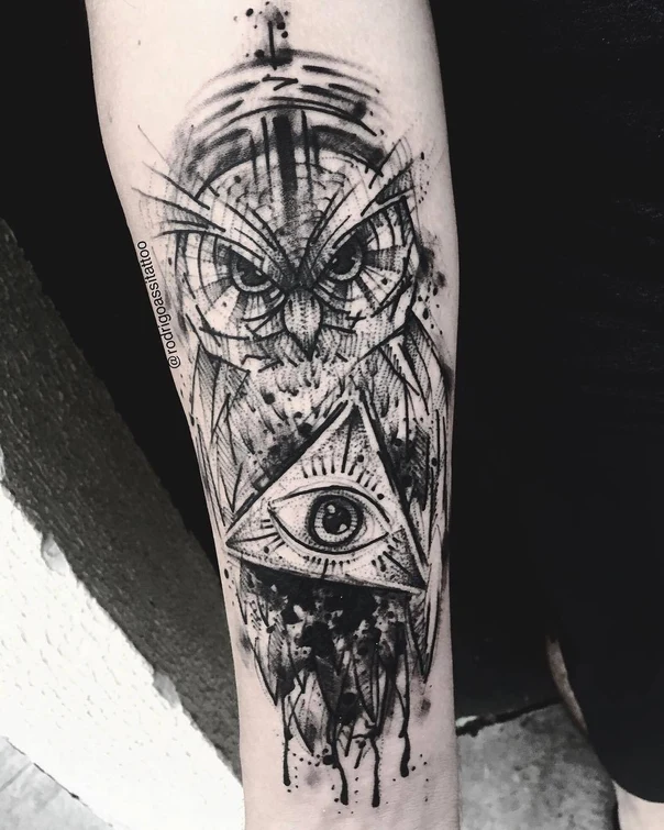 Blackwork Owl, Eye tattoo on Forearm