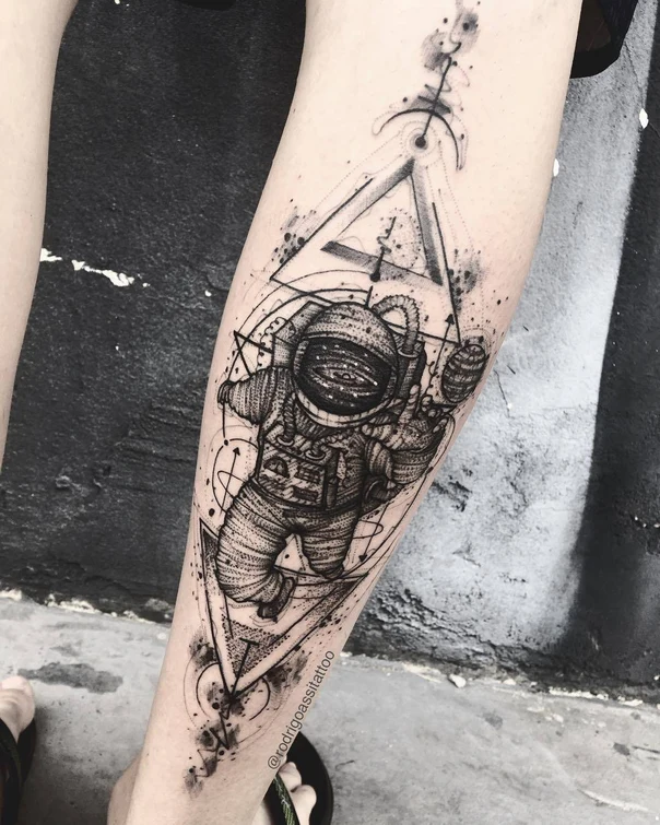 Sketch Astronaut, Geometric tattoo on Calf