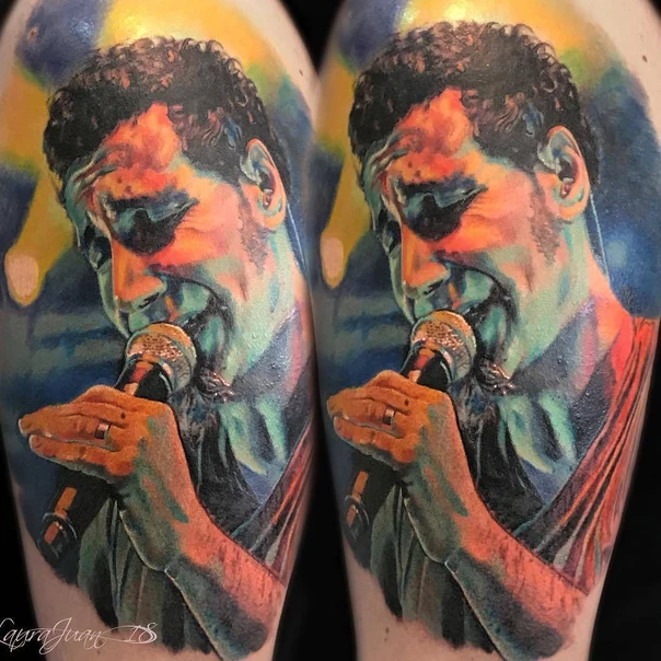 Realism Portrait, Microphone tattoo on Upper Arm
