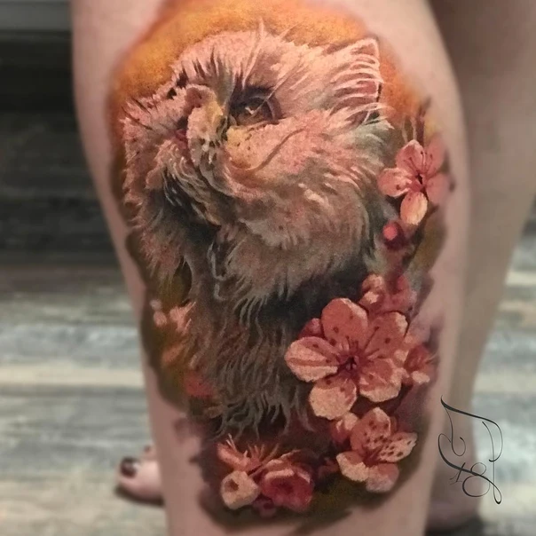 Realism Cat, Flowers tattoo on Thigh