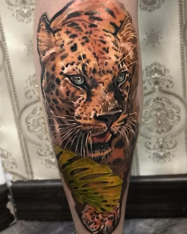Realism Leopard, Leaf tattoo on Calf