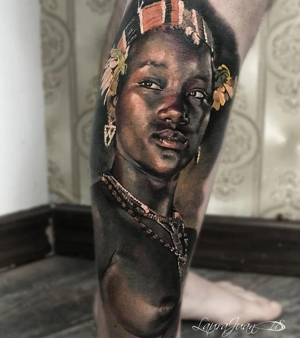 Realism Portrait, Woman tattoo on Calf