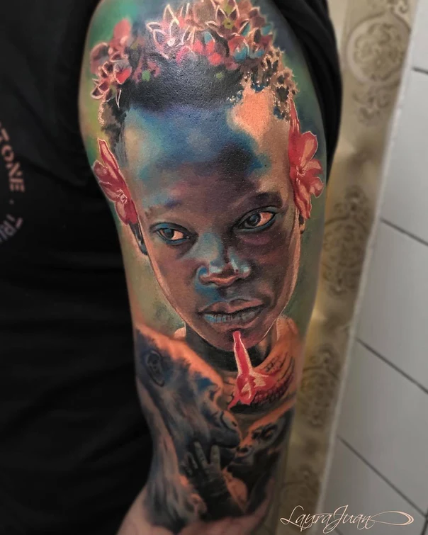 Realism Portrait, Flowers tattoo on Full Sleeve