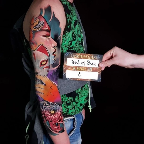 Японская Geisha, Mask tattoo на Полный рукав