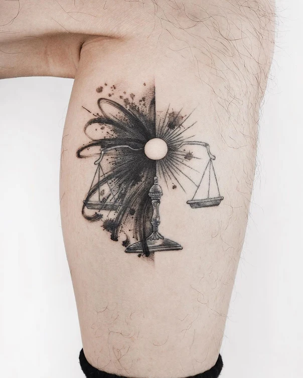 Blackwork Scales, Sun tattoo on Calf