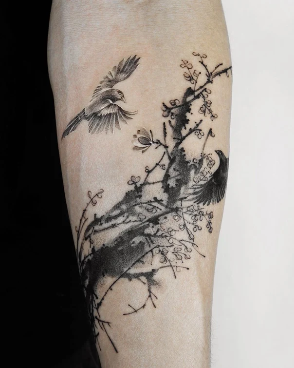 Sketch Bird, Botanic tattoo on Forearm